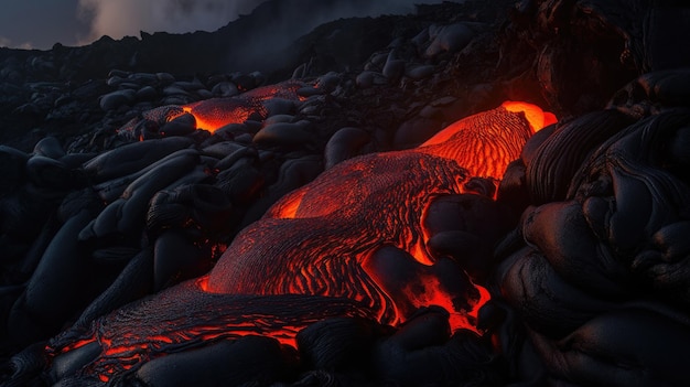 Lava stroomt in het donker