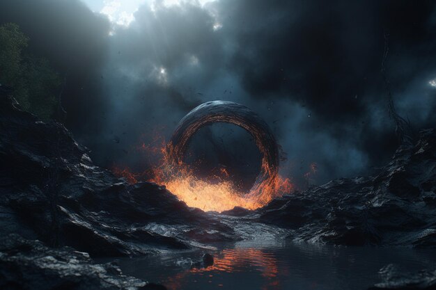 A lava tube with a dark sky and clouds in the background.