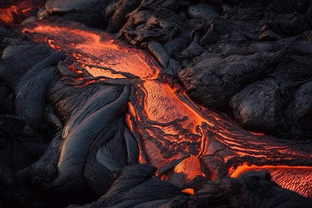 Lava was in de scheuren van de aarde om de textuur van de gloed van vulkanisch magma in de scheuren te zien