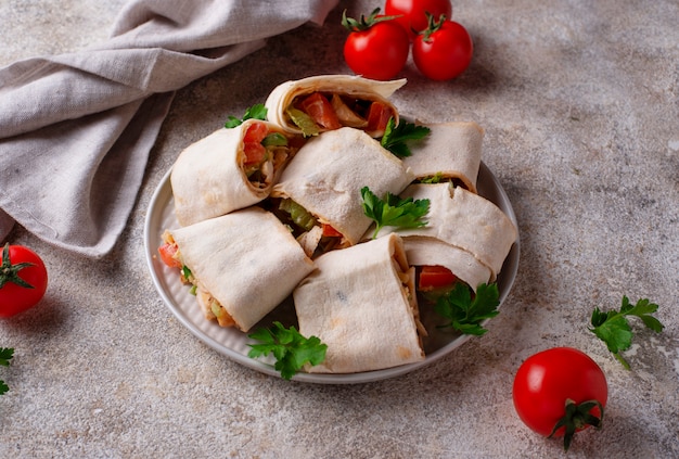 Lavash rolls with chicken and vegetables