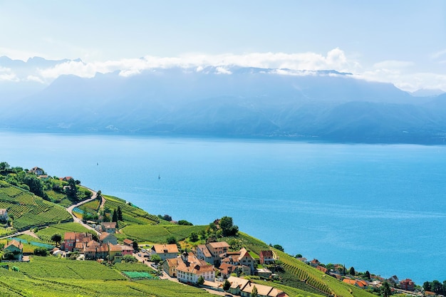 Lavaux Vineyard Terraces、ジュネーブ湖とスイスの山々、スイスのLavaux-Oron地区