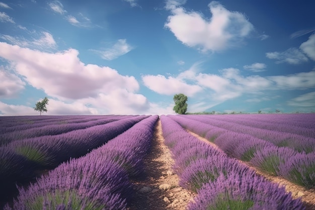 Lavendel bloem bloeiende velden in eindeloze rijen Sunset shot Generative ai