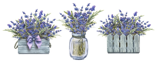 Lavendel bloemen en takken in de vorm van een boeket in houten kisten met strik en in een glazen pot Aquarel illustratie Een set composities uit de LAVENDER SPA collectie Ter decoratie