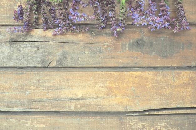 Lavendel en salie bloemen op een houten tafel close-up Horizontale planken van donker oud hout met paarse en blauwe bloemen en bladeren rond de randen Stilleven en plat leggen Gratis kopieerruimte voor tekst