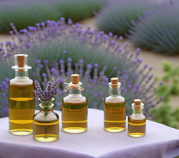 lavendel etherische olie in een fles op een houten achtergrond