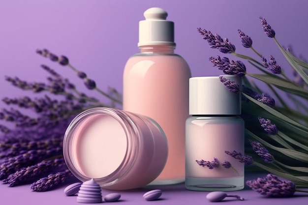 Lavendel geurende cosmetica crème en tonic flessen illustratie Generatieve AI