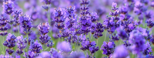 Lavendel groeit in het veld en verkoopt bloemen voor essentiële olie banner