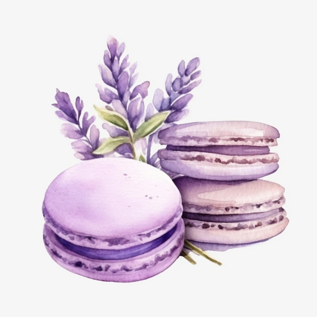 Lavendel macarons en lavendelbloemen op een witte generatieve ai als achtergrond