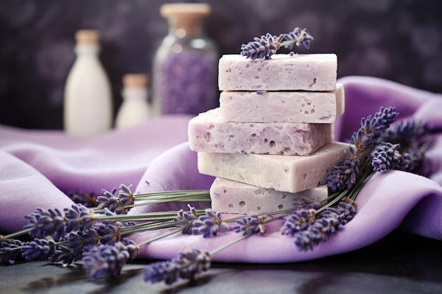 Lavendel spa met essentiële oliën zeezout handdoeken en handgemaakte zeep die natuurlijke kruiden cosmetica aanbieden