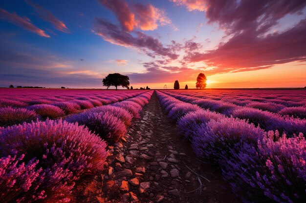 Lavendel veld zonsondergang behang