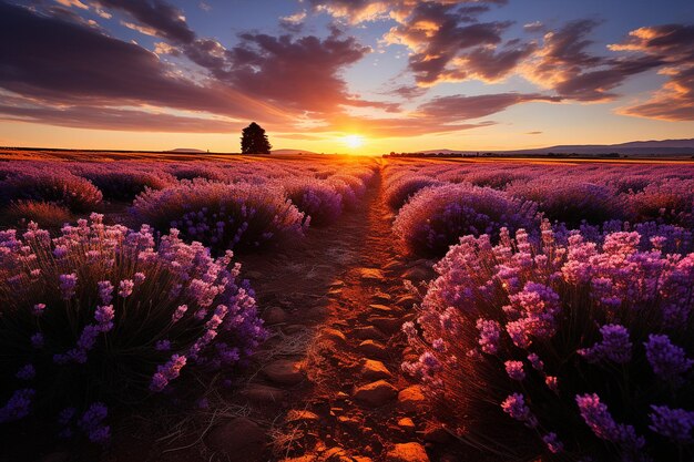 Foto lavendel veld zonsondergang behang