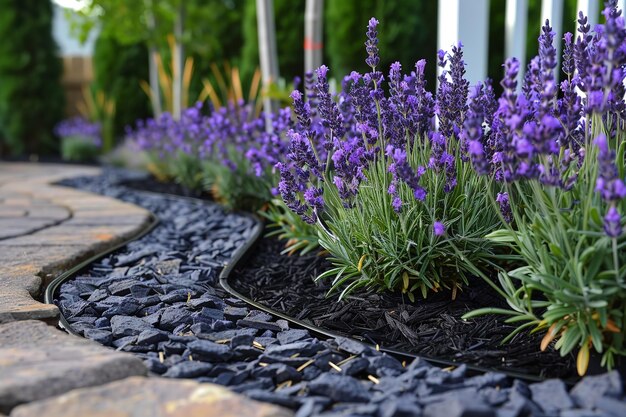 Lavendelbed met tuinrand van mat zwart aluminium en ruimte voor tekst Generatieve AI