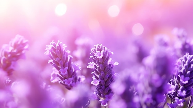 Lavendelbloemen dichtbij paarse lavendelveld dichtbij abstracte zachte bloemrijke rug Generatieve AI