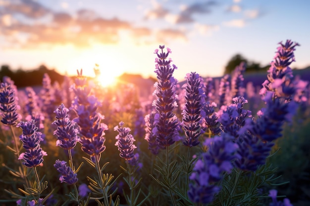 Lavendelbloemen die zich koelen in de warme gloed van de ondergaande zon