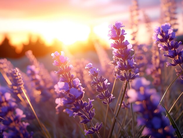 Lavendelbloemen genieten van het zachte zonlicht van een rustige zomerzonondergang