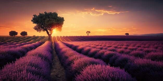 Lavendelbloemenveld bij zonsondergang in de Provence Frankrijk Prachtig zomerlandschap Beroemde reisbestemming