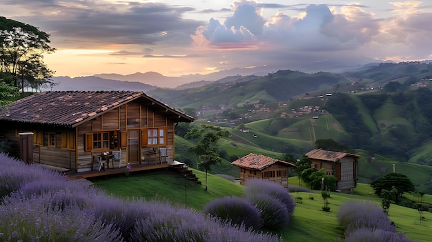 Lavendelboerderij met houten huis op de heuvel bij zonsondergang