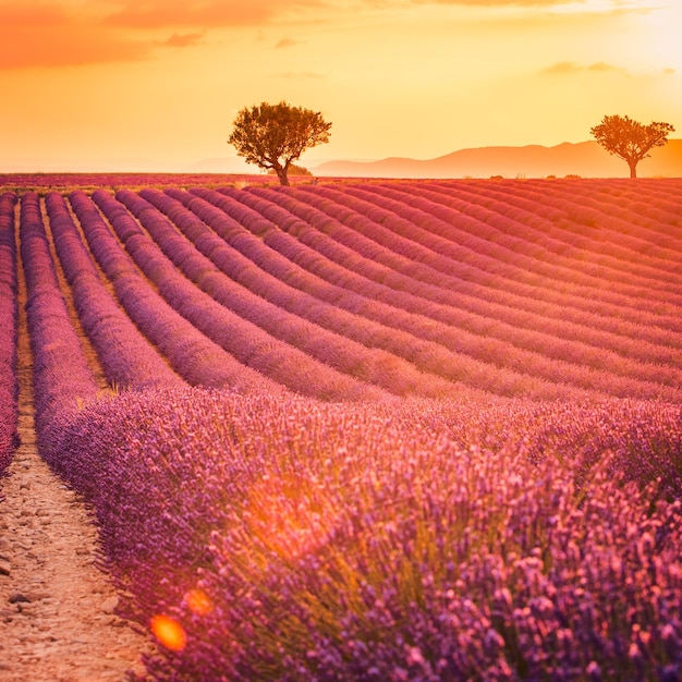 Lavendelveld in de Provence, Frankrijk. Bloeiende violette geurige lavendelbloemen, droomlandschap