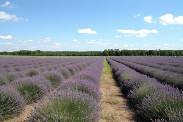 Lavendelveld in volle bloei met rijen bloemen en helderblauwe lucht gemaakt met generatieve AI