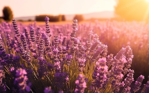 Lavendelveld met daarachter de ondergaande zon