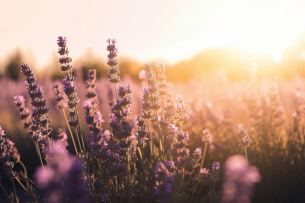 Lavendelveld met daarachter de ondergaande zon