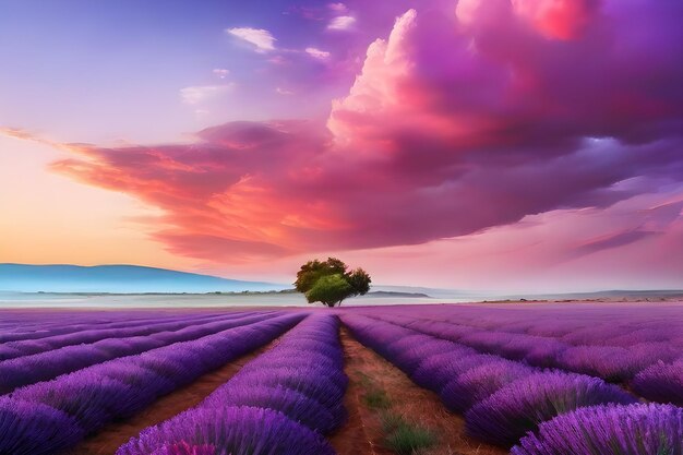 Lavendelveld met een eenzame boom bij zonsondergang in de Provence