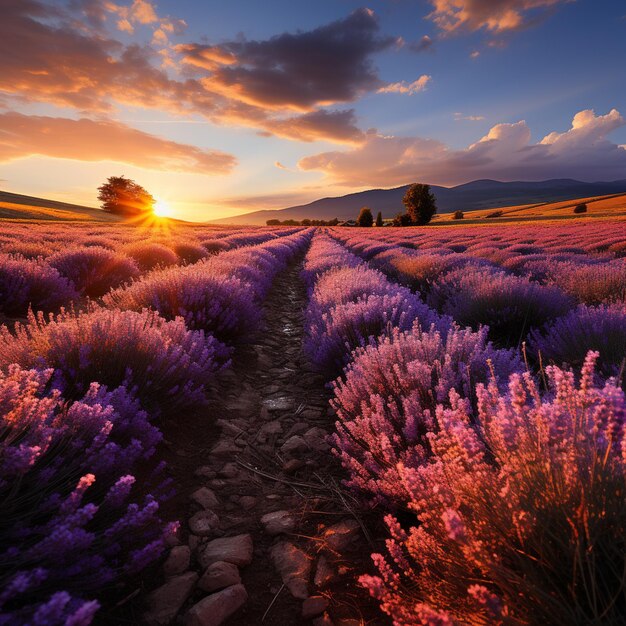 Foto lavendelveld met een pad dat leidt naar een boom bij zonsondergang generatieve ai