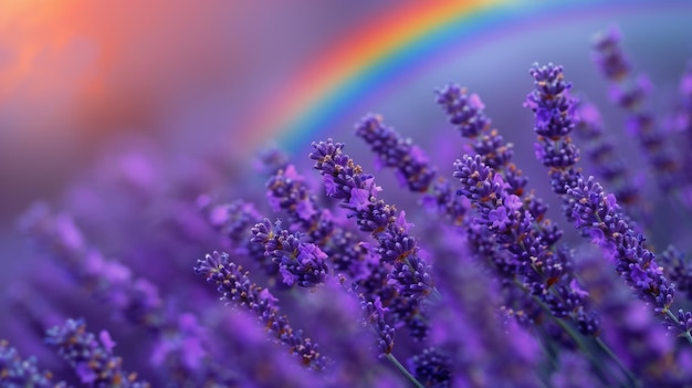 Foto lavendelveld met regenboog