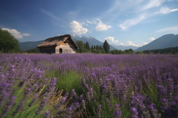 Lavendelveld rond rustieke hut onder blauwe lucht generatieve IA