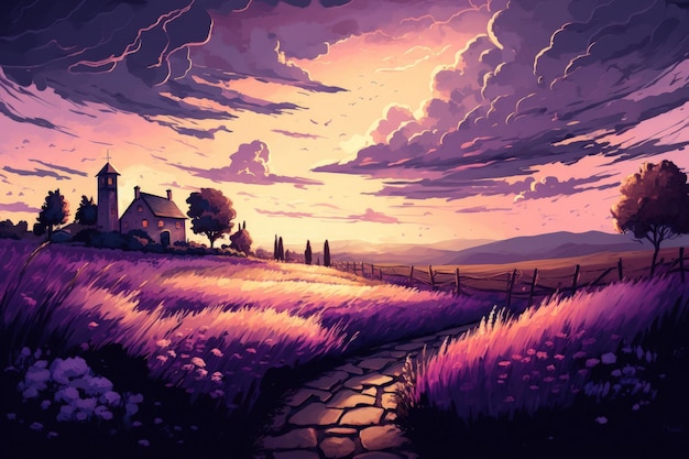 Lavendelvelden bij zonsondergang in een prachtige omgeving met een dramatische lucht