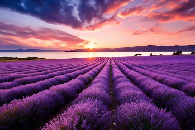 Lavendelvelden in de zonsondergang