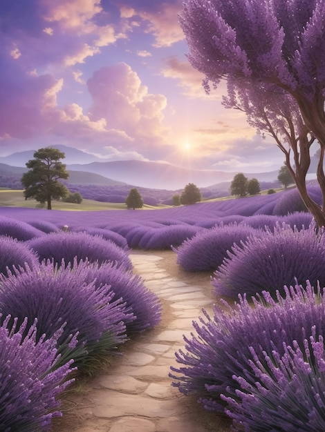 Lavendelveldzonsondergang en lijnen Mooie lavendel bloeiende geurende bloemen bij zonsondergang 3d illustrat