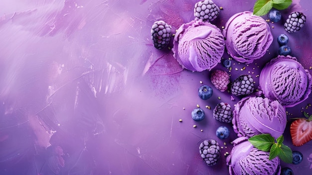 Lavender blackberry blueberry purple ice cream with berry ingredients Copy space