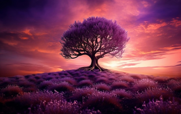 Lavender Bliss Tree Amidst Lavender Fields Generative AI
