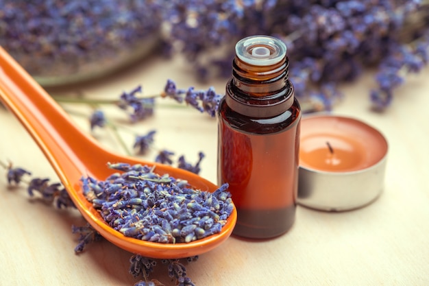 Lavender body care products. Aromatherapy, spa and natural healthcare concept