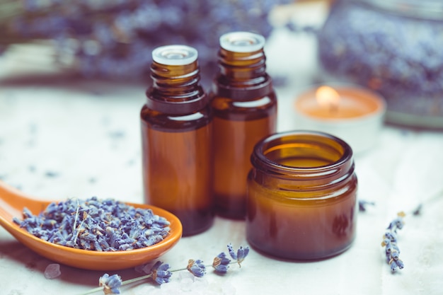 Lavender body care products. Aromatherapy, spa and natural healthcare concept