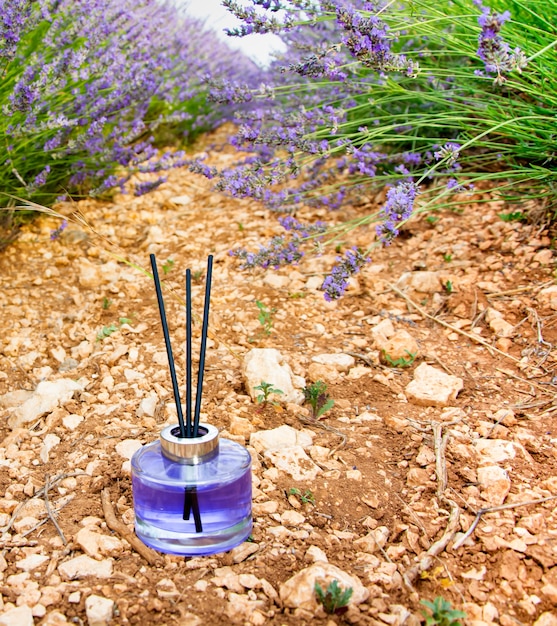 Foto profumo di fiori di lavanda bottiglia nel campo