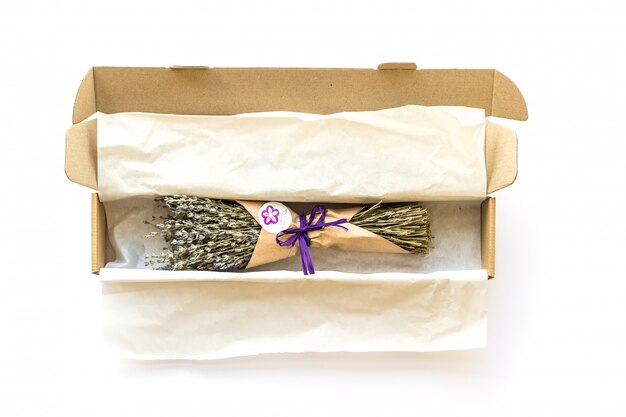 Lavender bouquet on white background in amazing packaging
