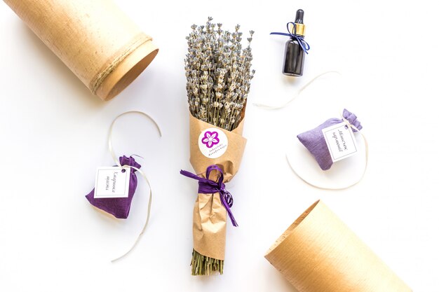 Lavender bouquet on white background in amazing packaging