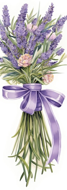 lavender bouquet with bow clipart in the style of jerry pinkney