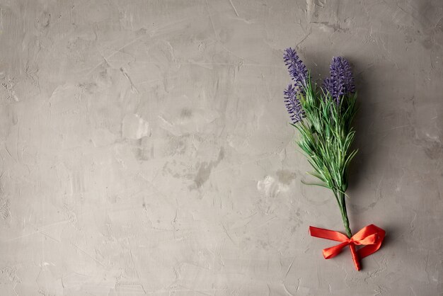 Lavender branch  and texture of gray cement wall with spatula bumps, full frame, close up