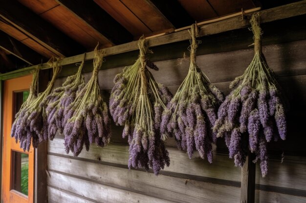 Lavender bunches hanging on a wall in a garden shed created with generative ai