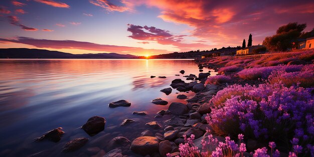 Foto cespugli di lavanda vicino al mare il tramonto sulla costa