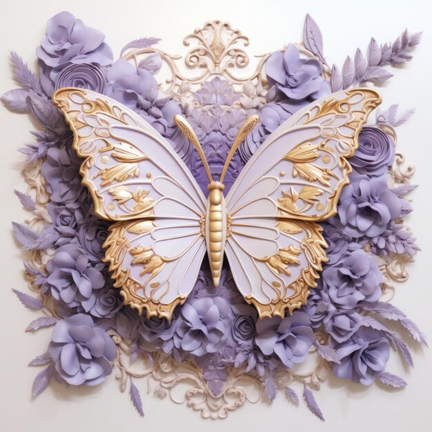 Photo lavender butterfly wall sculpture 3d rendered art with gold accents