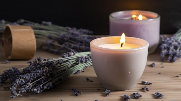 Lavender candles and lavender flowers on a table