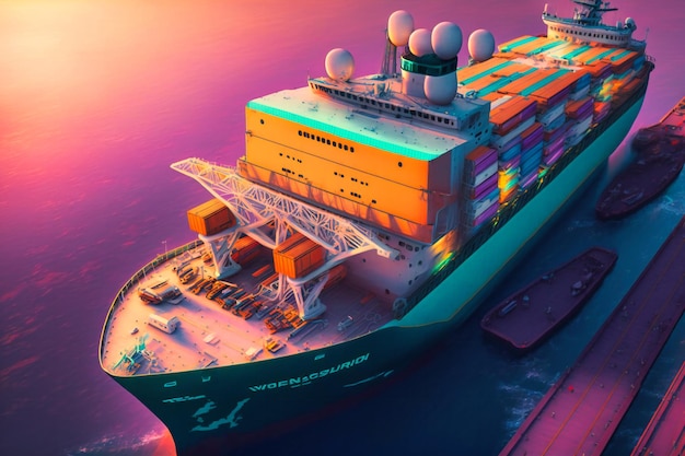 Lavender cargo ship turquoise crane bridge under tangerine sky