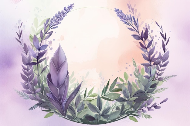 Lavender Circle Framed By Leaves With Floral Background Watercolor Generative AI