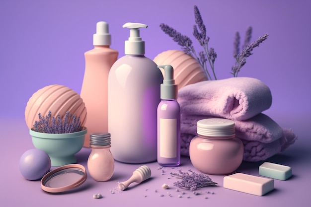 Lavender cosmetic and bath products beauty skin care treatment illustration Generative AI