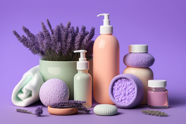 Lavender cosmetic and bath products beauty skin care treatment illustration Generative AI