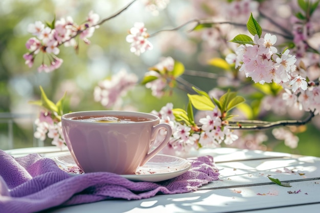 Lavender cup of tea with cherry blossom flowers in the background Generative AI